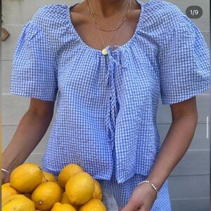 SOLAÍ the label - Summerland Woven Blue Gingham Front Tie Top Medium